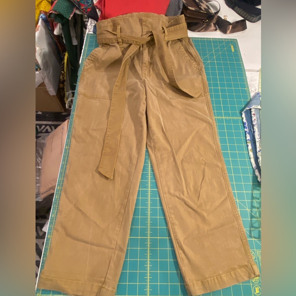 CAbi Discovery high waisted Women's Tan Cropped Pants with Tie Belt